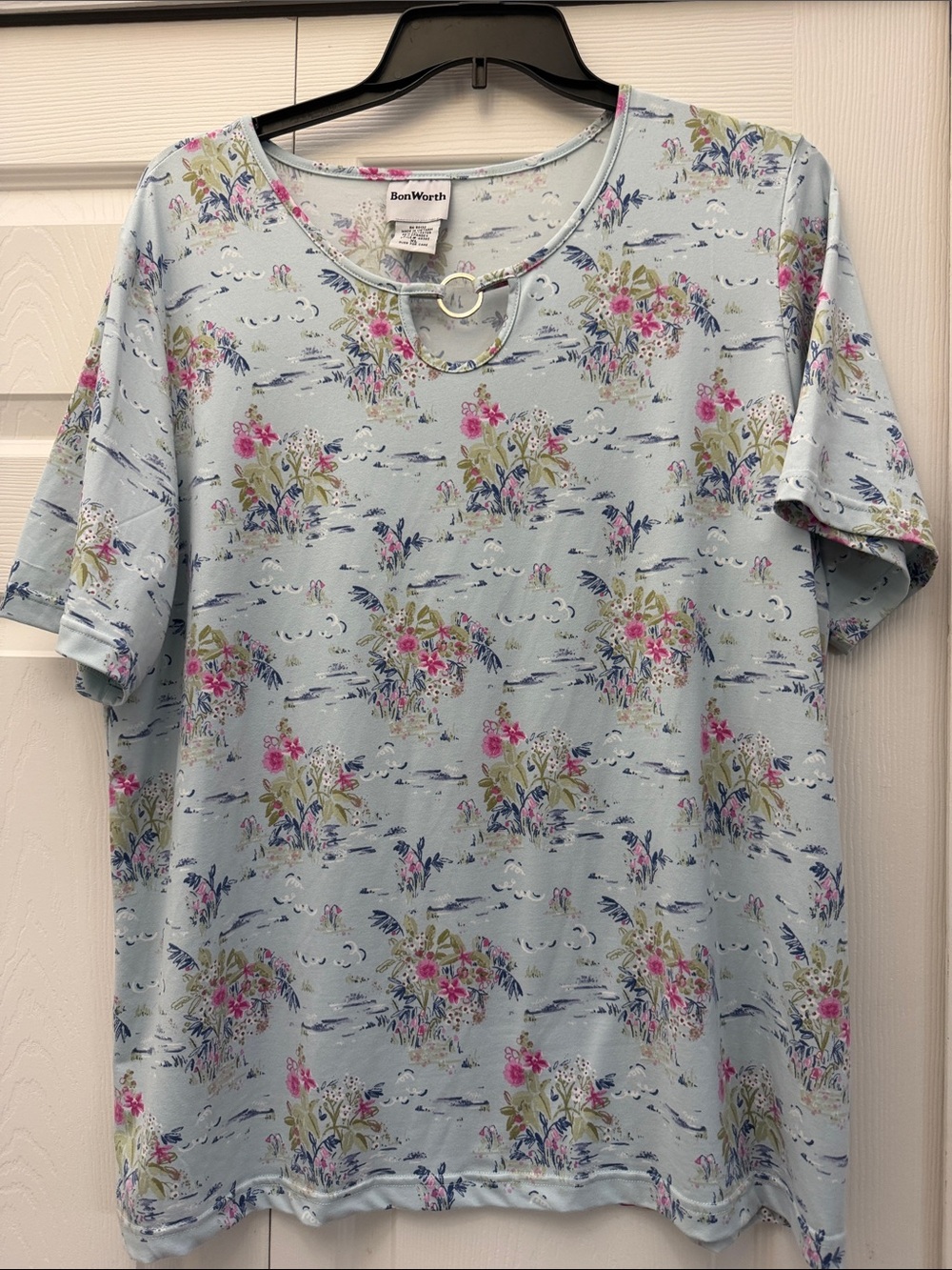 BonWorth Sky Blue Floral Ring-Neck Short Sleeve Top